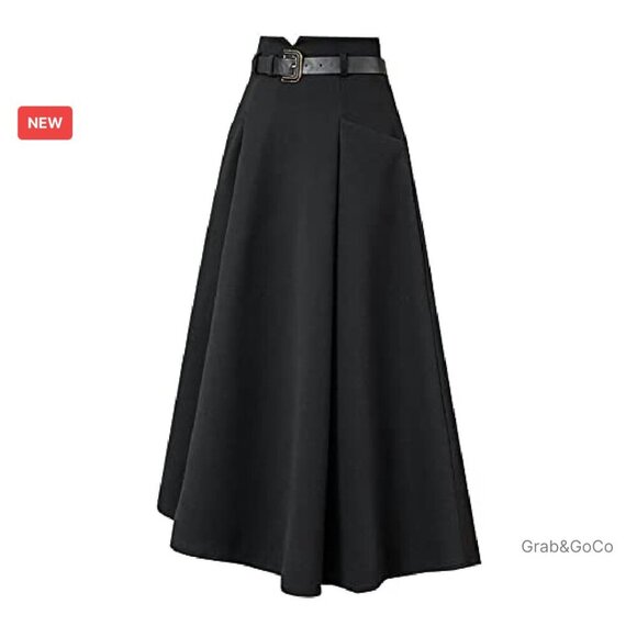 Wool Midi Skirt High Waisted A-Line Pleated Belted Elegant Fall Winter - Picture 7 of 8
